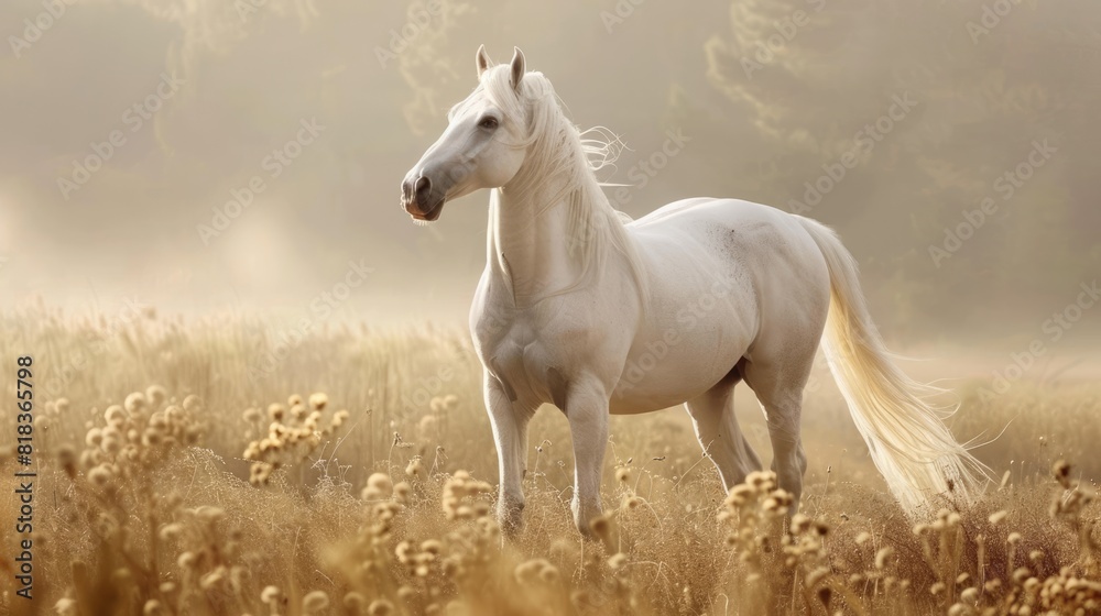 Beautiful gracious white horse standing in the field