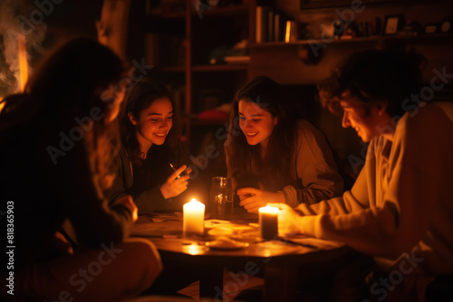 A cozy gathering of friends enjoying a warm  candlelit conversation  sharing laughter and stories in an intimate setting.