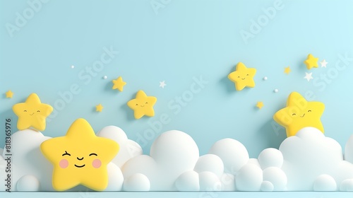 Sweet dreams banner. 3d Fluffy clouds on blue sky background with happy yellow stars. Place for text. © Елена Истомина