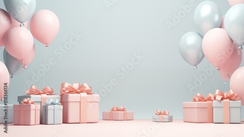 Blue pink background or banner with multicolor balloons and gift boxes. 3d poster for greeting or advertising. © Елена Истомина