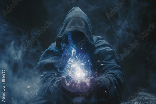 A hooded figure cradles a glowing mystic orb, emanating powerful energy amidst swirling smoke in a mystical setting.