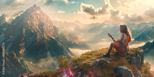 a beautiful girl plays music on a mountain from a mixtape  photo