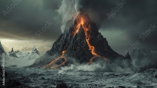 view of volcanic mountains emitting lava photo