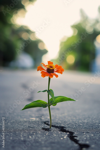 uma linda flor Zinnia brotando no asfalto de uma rua - Wallpaper HD photo