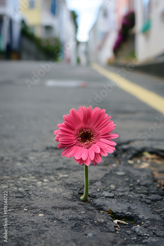 Uma linda flor de gérbera rosa brotando no asfalto de uma rua 