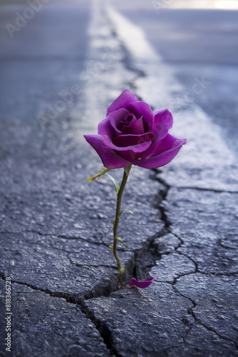Uma linda rosa roxa brota de uma rachadura no asfalto de uma rua