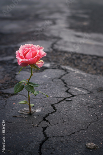 uma linda rosa cor de rosa brota de uma rachadura no asfalto de uma rua 