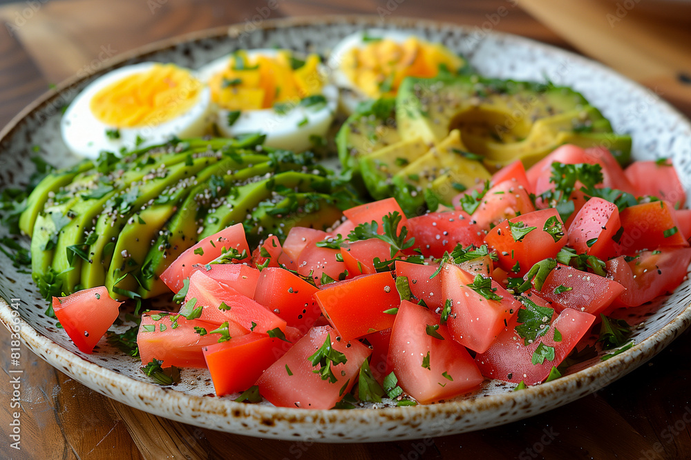 A plate of food with avocado, tomatoes, and eggs. The plate is colorful and appetizing A plate of food with avocado, tomatoes, and eggs. The plate is colorful and appetizing