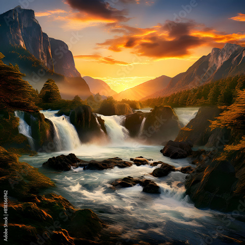 majestic waterfall and mountain landscape at sunset