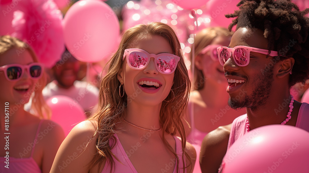 A group of people celebrating pink day at a party. A group of people celebrating pink day at a party.