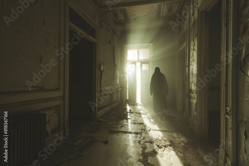 A ghostly figure casts a shadow in the sunlight streaming through a window in a long-abandoned  dusty hallway.