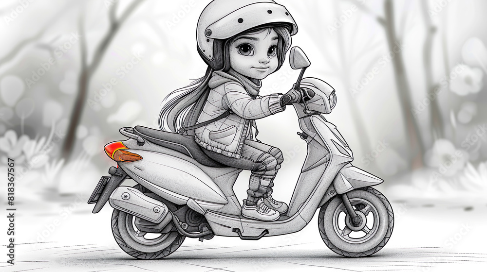 Naklejka premium black and white illustration of a girl on a motorcycle, coloring book for children