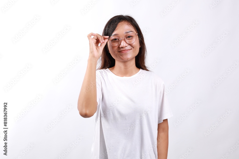 Portrait of lovely woman hold eye wear smiling look camera wear eyeglasses isolated on white background Portrait of lovely woman hold eye wear smiling look camera wear eyeglasses isolated on white background