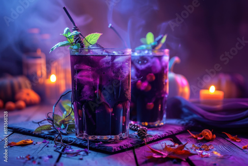 Atmospheric Halloween setting with purple cocktails and candles, offering a magical mixology experience. photo