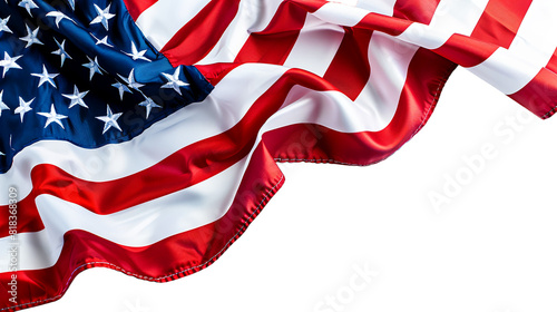 Close up of the American flag waving in the wind isolated on a white background with a clipping path, photorealistic. With space for copy text or design.