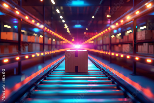 A package on a conveyor belt in an automated warehouse illuminated by colorful lights, showcasing modern logistics technology.