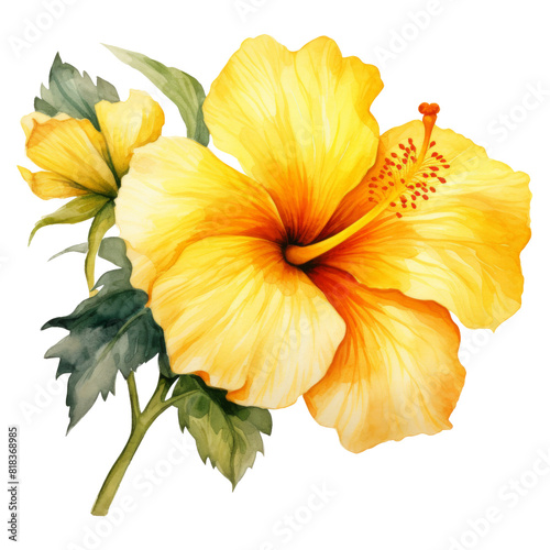 Yellow Hibiscus, Tropical Flower Illustration. Watercolor Style. AI Generated