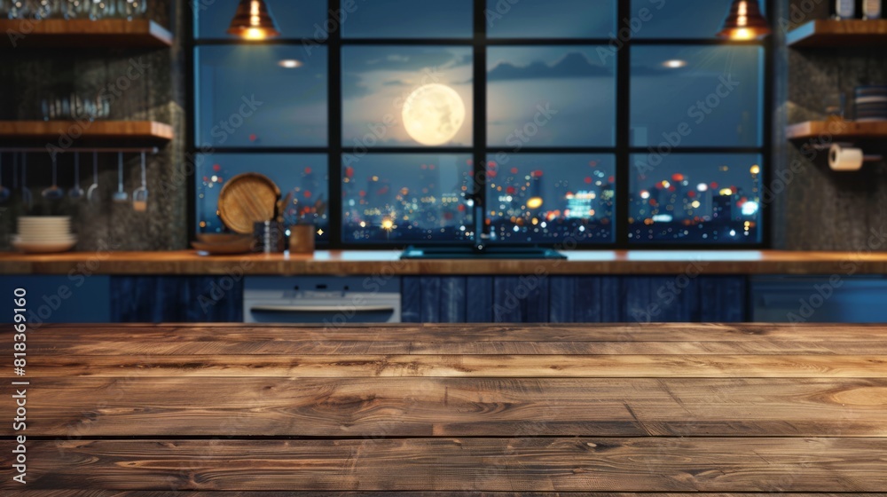 Empty Beautiful wood table top and moonlight modern kitchen interior background