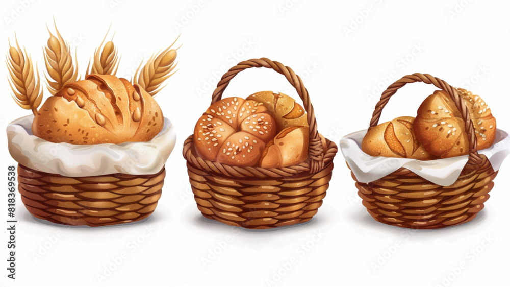 
Basket with fresh baked bread and wheat. Vector illustration for bakery shop 3d avatrs set vector icon,