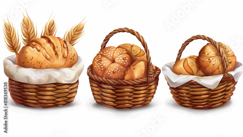  Basket with fresh baked bread and wheat. Vector illustration for bakery shop 3d avatrs set vector icon 