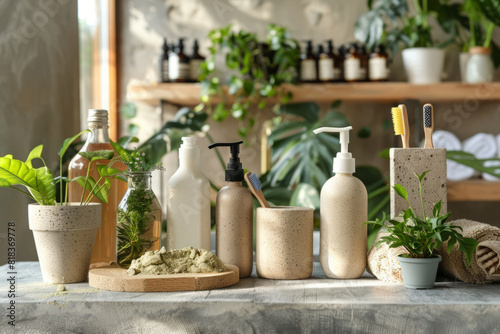 Eco friendly natural cleaning products. Kitchen interior in the background. House cleaning concept