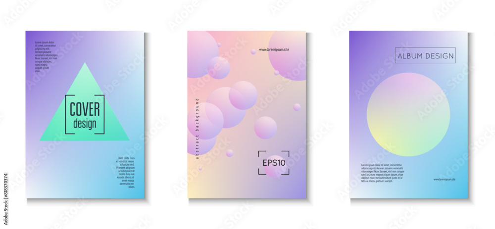 Fototapeta premium Abstract Poster. Gradient Shape. Hipster Placard. Cyberpunk Memphis Banner. Triangle Background. Astronaut Modern Illustration. Purple Holographic Set. Pink Abstract Poster