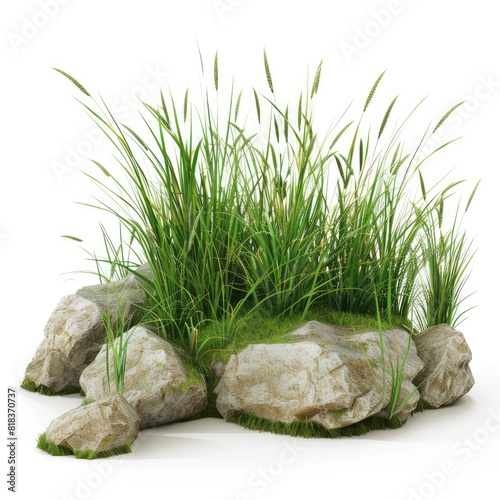 Savanna grass fields meadown with rocks 3d render isolated on white background  