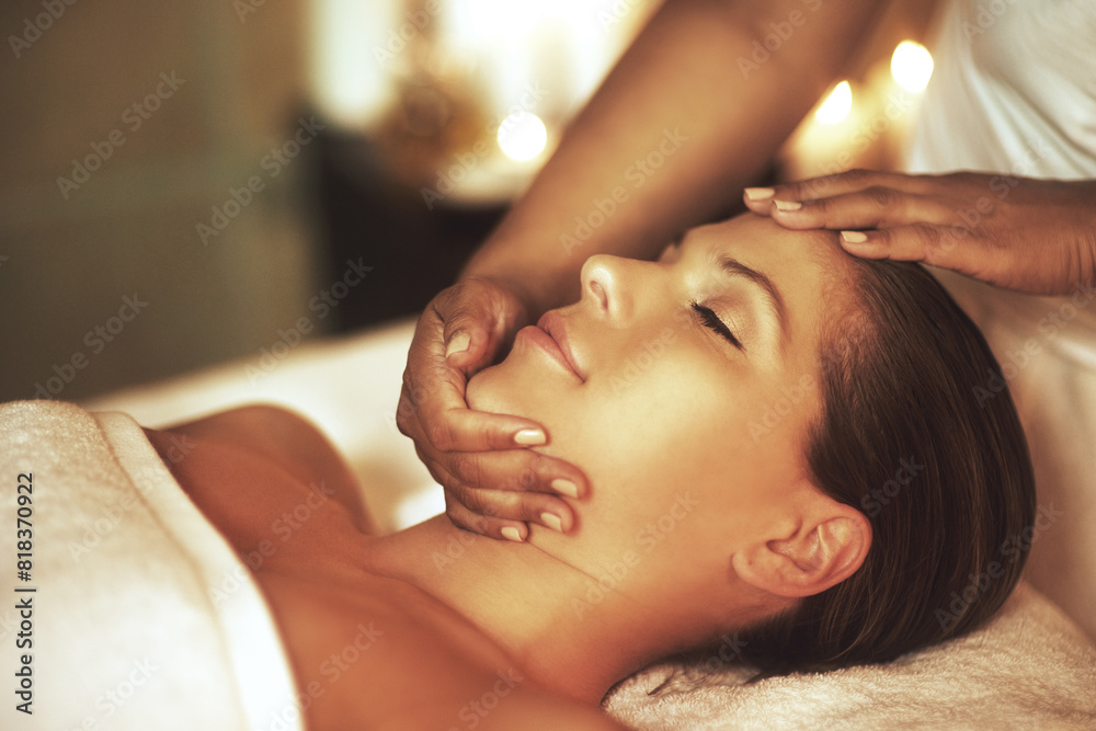 Woman, relax and head massage at spa with beauty facial, peace and skincare for health healing on vacation. Female person, therapist and hands as cosmetic treatment for detox of aesthetic skin glow Woman, relax and head massage at spa with beauty facial, peace and skincare for health healing on vacation. Female person, therapist and hands as cosmetic treatment for detox of aesthetic skin glow