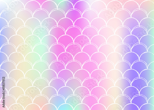 Mermaid scales background with holographic gradient. Bright color transitions. Fish tail banner and invitation. Underwater and sea pattern for girlie party. Trendy backdrop with mermaid scales.