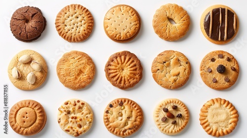Collection of round cookie cookies biscuit, classic and nut set, on white background cutout file. Many assorted different design. Mockup template for artwork design photo