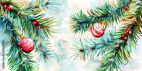 Christmas watercolor background. Christmas tree and pine branches on a snowy background
