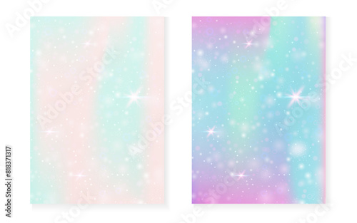 Magic background with princess rainbow gradient. Kawaii unicorn hologram. Holographic fairy set. Fluorescent fantasy cover. Magic background with sparkles and stars for cute girl party invitation.