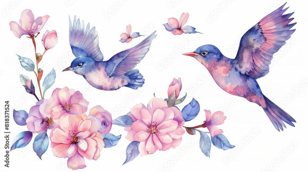 set various small winter birds on a branch of watercolors on white background	
