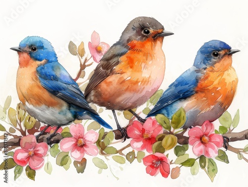 set various small winter birds on a branch of watercolors on white background 