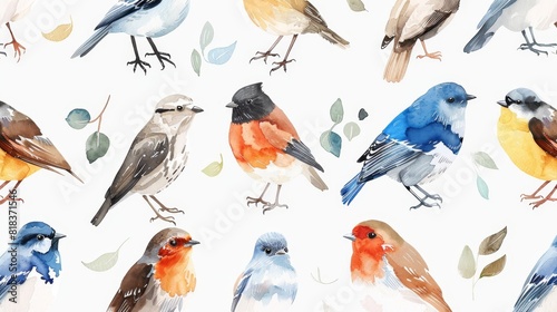 set various small winter birds on a branch of watercolors on white background  