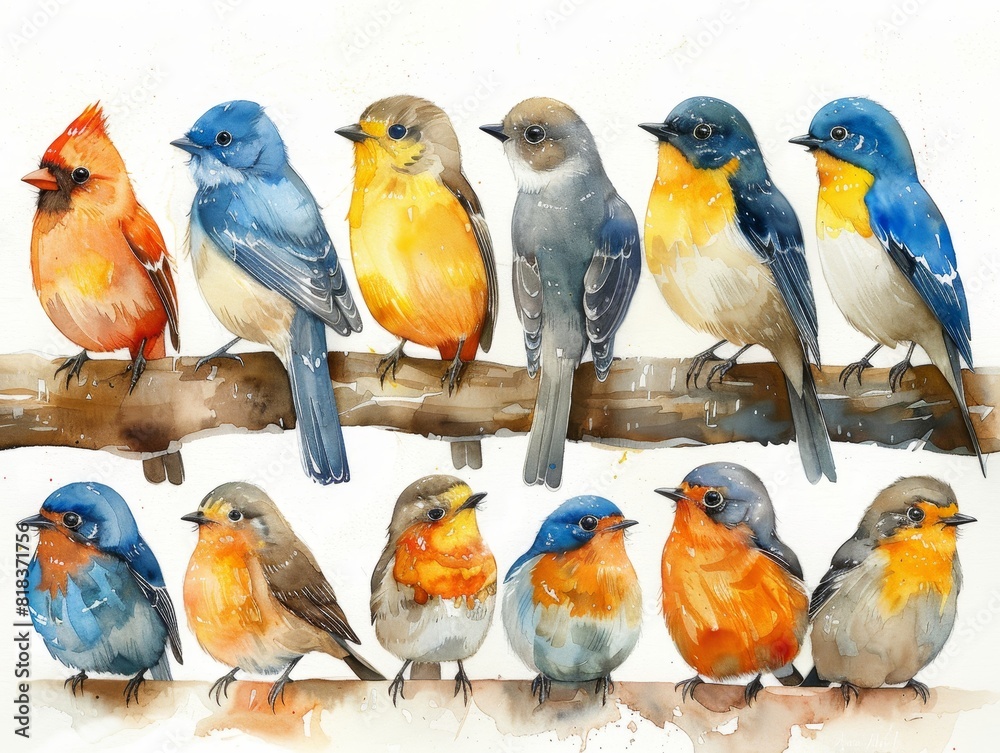set various small winter birds on a branch of watercolors on white background set various small winter birds on a branch of watercolors on white background