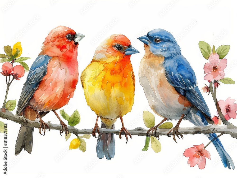 set various small winter birds on a branch of watercolors on white background set various small winter birds on a branch of watercolors on white background