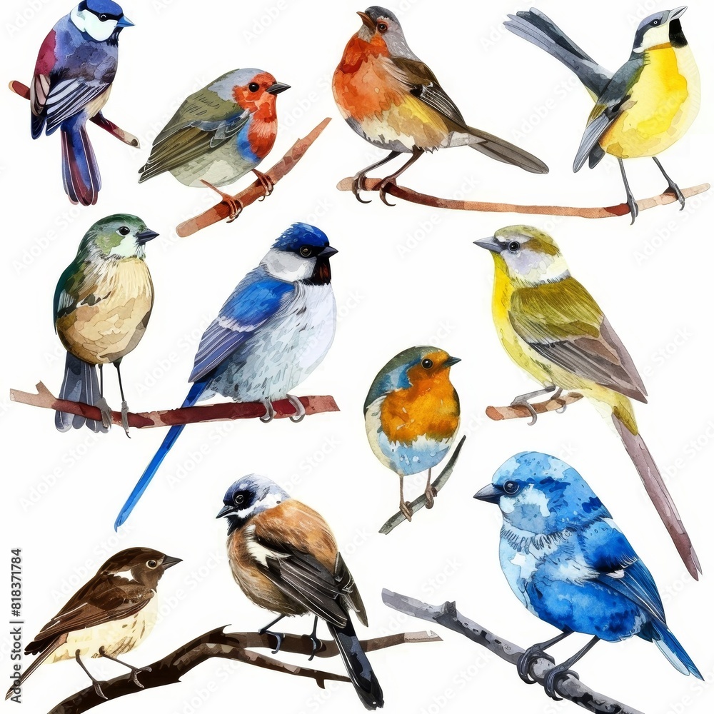 set various small winter birds on a branch of watercolors on white background	