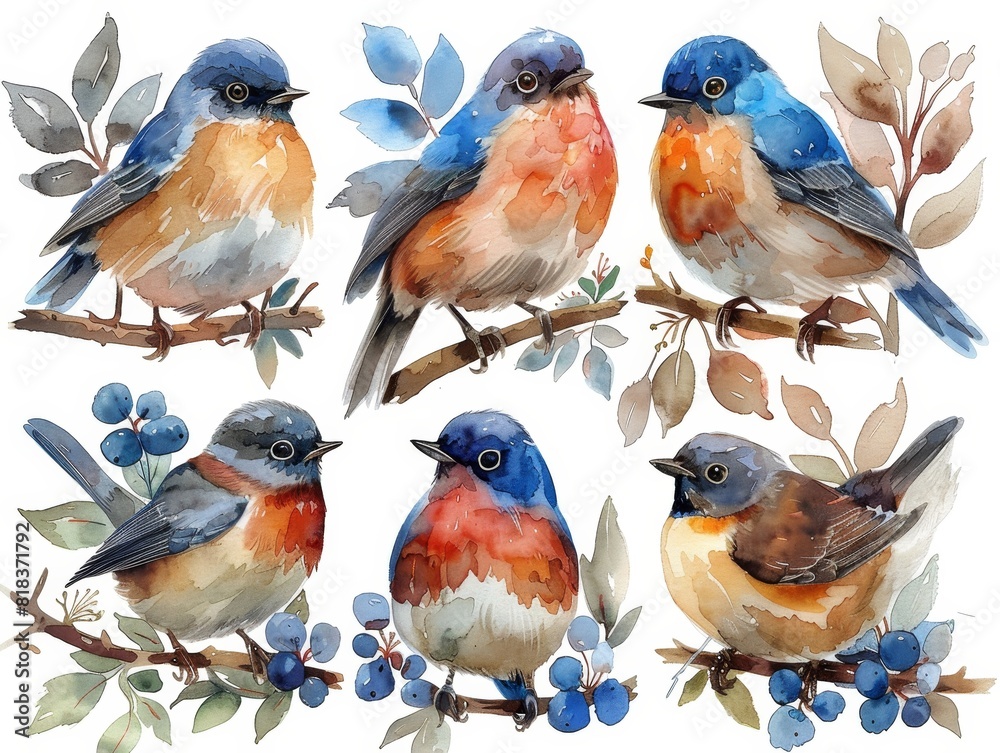 set various small winter birds on a branch of watercolors on white background	