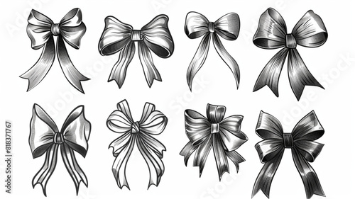  Bow tie. Hand drawn necktie sketch. Retro fashion concept. Illustration in vintage engraving 3D avatars set vector icon, white