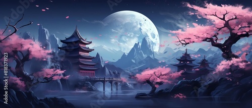 Chinese pagoda amidst flowing cherry blossom branches, depicted on a midnight blue background with soft pink accents