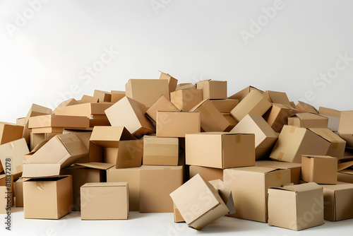 Mountain of cardboard boxes on white background