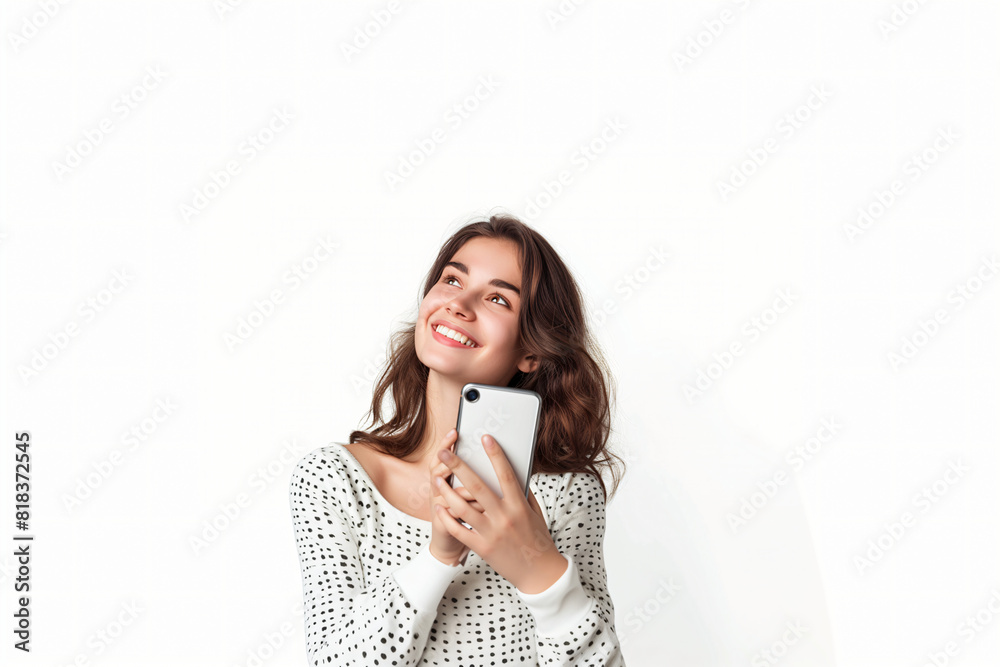 Portrait of a smiling young woman with mobile phone on white background Portrait of a smiling young woman with mobile phone on white background