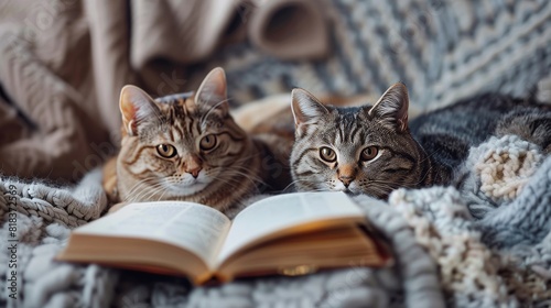 pets, christmas and hygge concept - two cats lying on sofa with book at home in winter