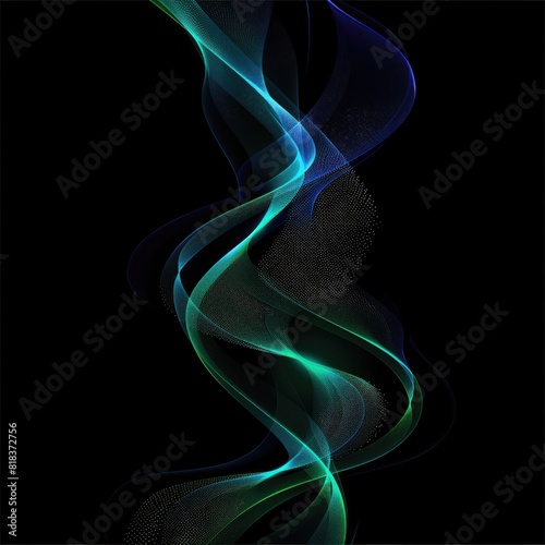 Vector abstract light lines wavy flowing dynamic in blue green colors isolated on black background for concept of AI technology 