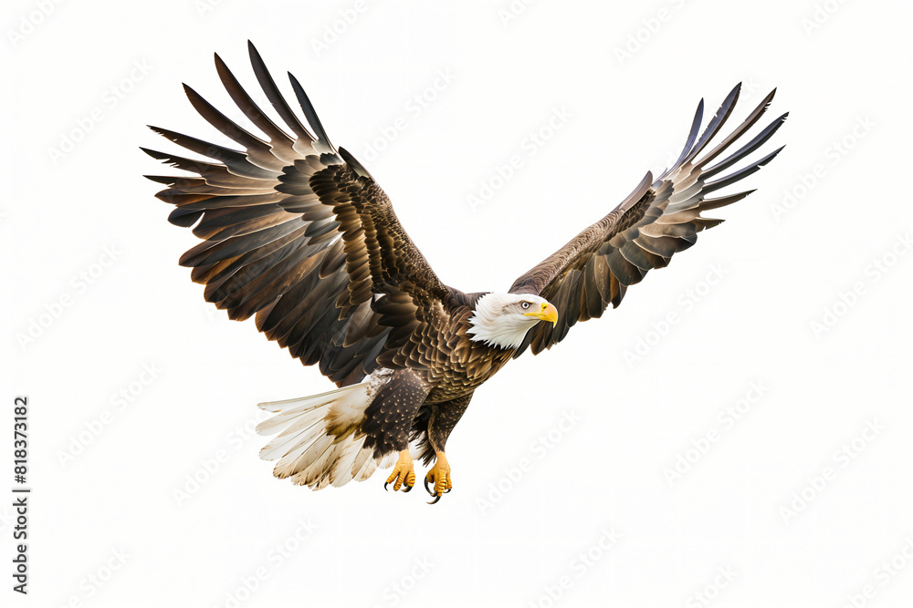 Adult Bald Eagle (Haliaeetus leucocephalus) in flight isolated on white background
