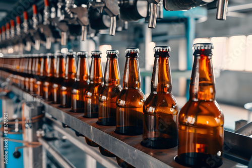 Rows of amber glass beer bottles on a conveyer belt in a brewery