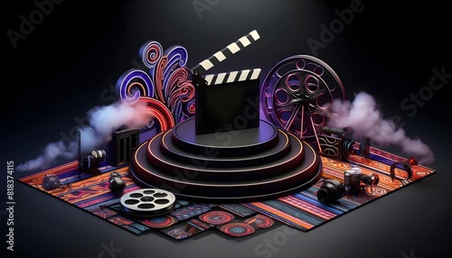 A vibrant and futuristic cinema display with swirling neon lights, film reels, and a clapperboard, set against a dark, smoky background.