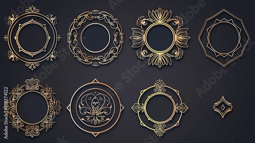 Vector set of art deco floral linear circles, round, square borders, frames, decorative luxury design templates. 