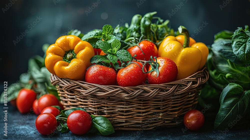 A wicker basket filled with fresh, organic vegetables, including tomatoes, peppers, and herbs A wicker basket filled with fresh, organic vegetables, including tomatoes, peppers, and herbs